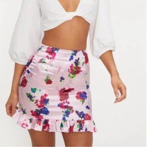 Pink Satin Floral Print Frill Skirt